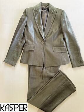 Kasper Shimmer Metallic Pant Suit Grey Green Sz 4 EUC